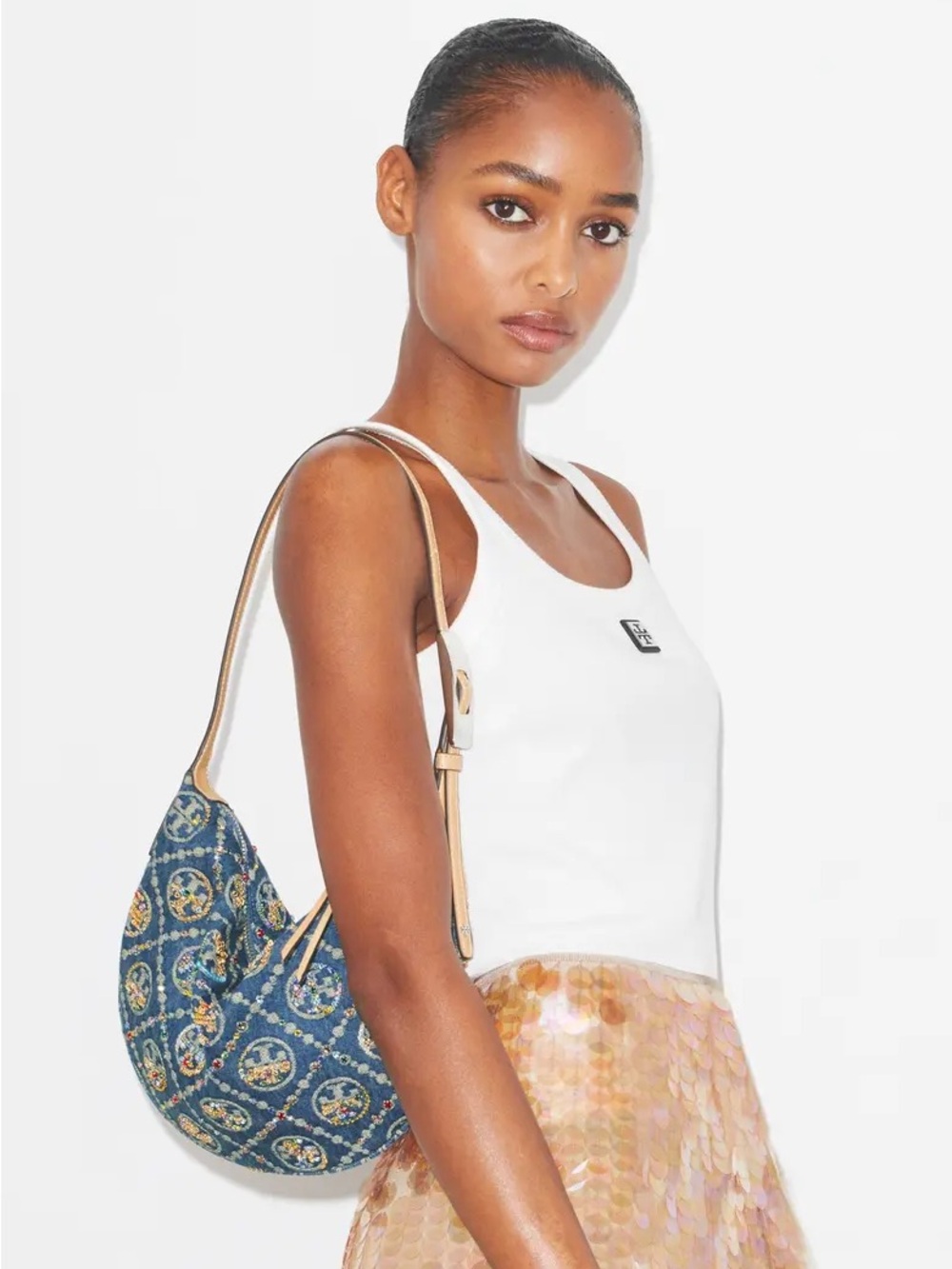 Tory Burch T Monogram Denim Embellished Small Balloon Bag (NWOT)